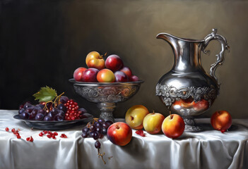 Elaborate Silver Pitcher with Abundant Fruits on White Tablecloth, Still Life Composition.