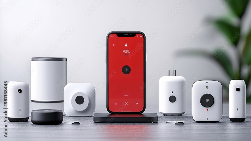 Aufkleber An integrated home automation system with devices such as smart plugs thermostats and lights all controlled from a mobile app Large space for text in center Stock Photo with copy space
