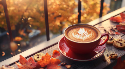 warm cup of coffee with beautiful latte art sits on wooden table surrounded by autumn leaves and cookies, creating cozy and inviting atmosphere
