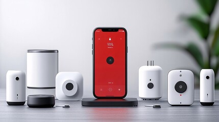 An integrated home automation system with devices such as smart plugs thermostats and lights all controlled from a mobile app Large space for text in center Stock Photo with copy space