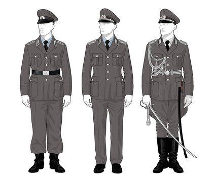 Set of 3 Soldiers or Mannequins in Uniforms of Armed Forces of German Democratic Republic from 1960's, NCO, Officer in Service and Parade Uniform, Isolated on Transparent Background