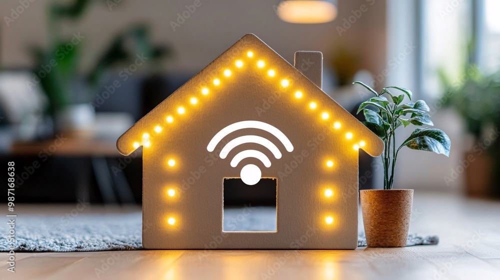 Poster A home filled with interconnected smart devices allowing remote control of heating cooling and lights with energy-saving automation features Large space for text in center Stock Photo with copy space