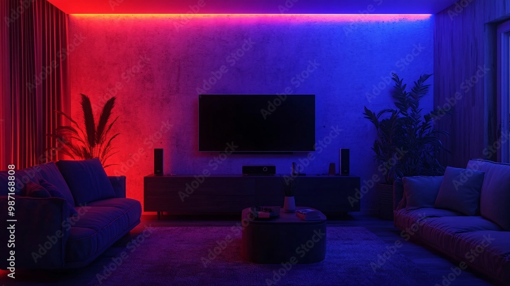 Poster A smart home living room setup featuring an entertainment system lights and thermostat all controlled by a smart hub Large space for text in center Stock Photo with copy space