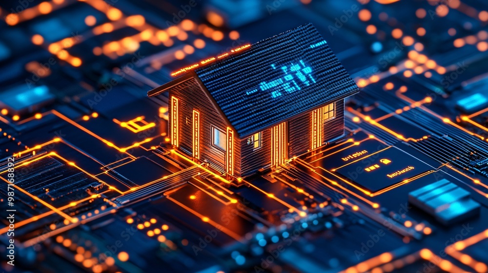 Poster A touchscreen smart home system controlling multiple devices including door locks lights and climate for a completely automated living experience Large space for text in center Stock Photo with copy