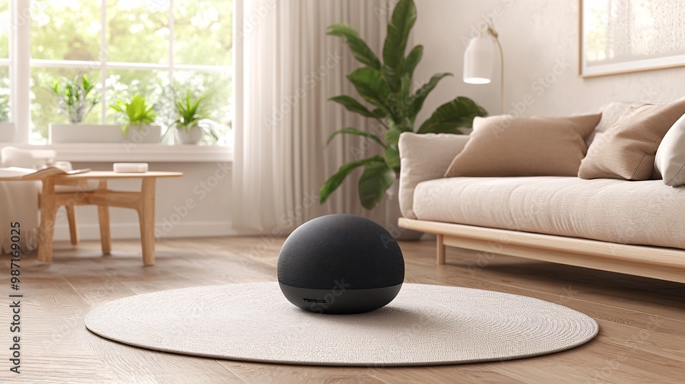 Aufkleber A living room with a smart assistant managing all aspects of home automation from sound systems to temperature control and security Large space for text in center Stock Photo with copy space
