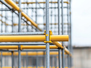 Close-up of a metallic scaffolding structure with vibrant yellow fittings.