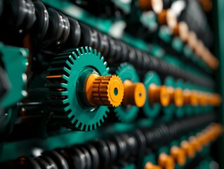Close-up of gears in a machine, intricate details and vibrant colors.