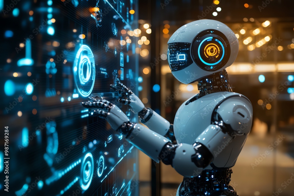 Poster futuristic robot interacting with a glowing blue interface.