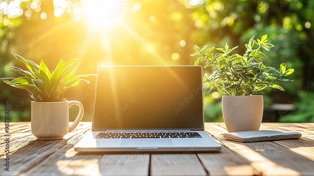 Aufkleber A home office setup where lighting and temperature adjust automatically based on the time of day creating an ideal working environment Large space for text in center Stock Photo with copy space