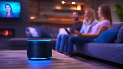 A family using voice commands to control their smart home devices for a seamless integration of convenience and modern technology Large space for text in center Stock Photo with copy space