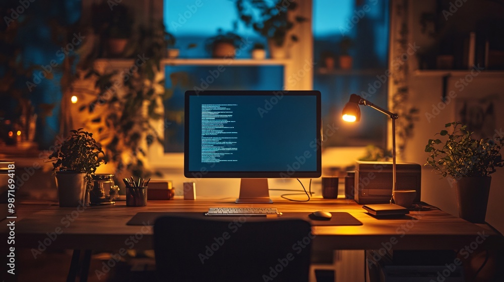 Aufkleber A home office setup where lighting and temperature adjust automatically based on the time of day creating an ideal working environment Large space for text in center Stock Photo with copy space