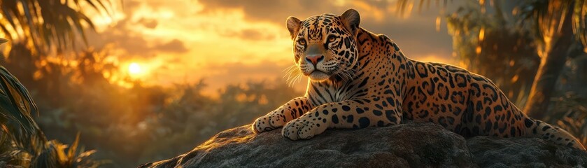 A majestic leopard rests on a rock as the sun sets, surrounded by lush greenery, capturing the beauty of wildlife in nature.