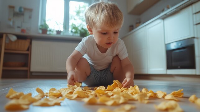 Young boy playing with spilled potato chips on the kitchen floor, surrounded by natural light in a cozy, modern kitchen space.