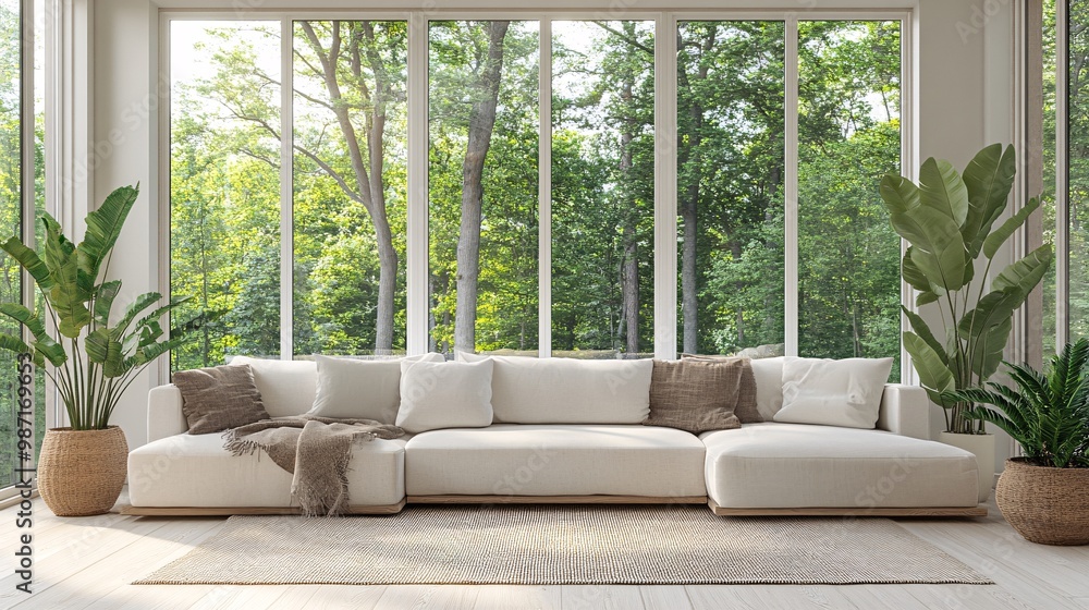 Poster A luxury living room equipped with smart home technology managing lighting and temperature to create a comfortable and energy-efficient space Large space for text in center Stock Photo with copy space