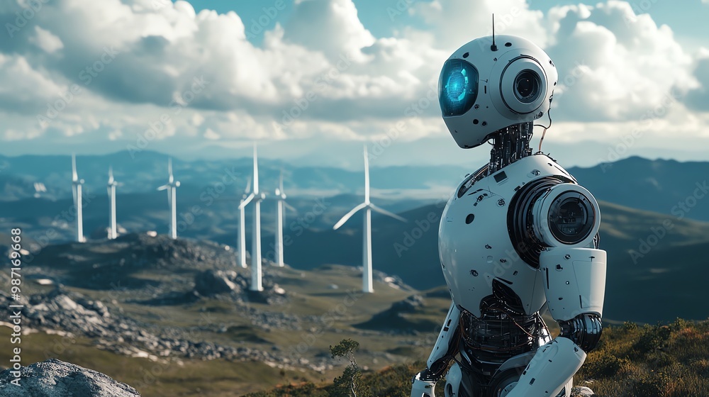 Aufkleber futuristic robot with a digital screen on its face stands on a mountain overlooking a field of wind 