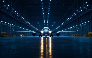 Airplane in a well-lit hangar, showcasing modern aviation technology.