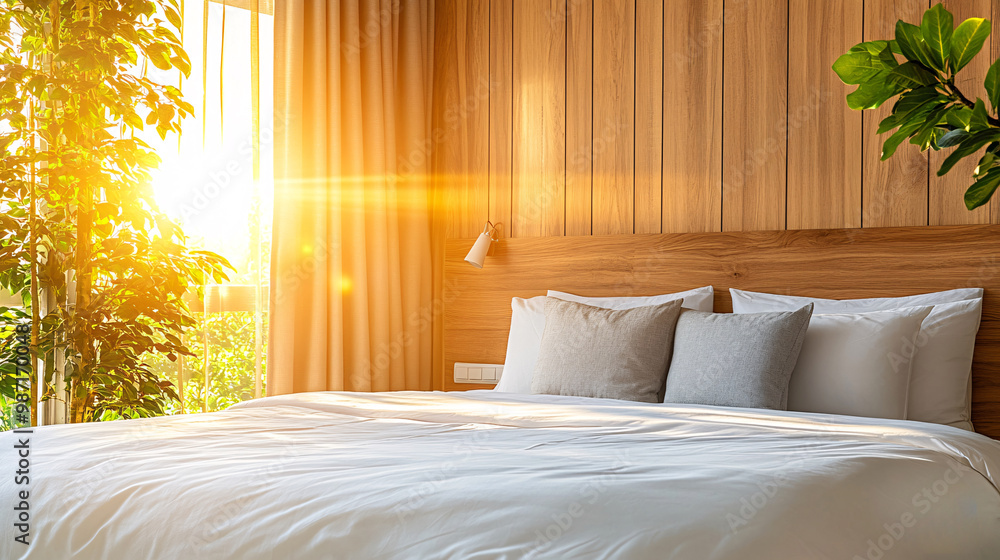 Poster A bedroom equipped with smart lighting and automated curtains that adjust brightness and privacy based on the time of day Large space for text in center Stock Photo with copy space