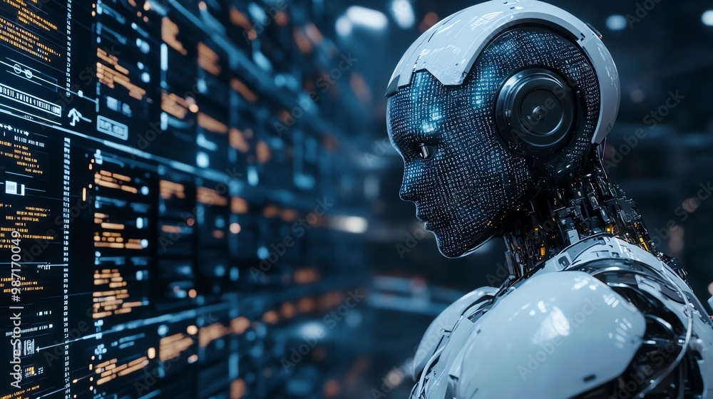 Poster futuristic robot with glowing blue digital eyes and a white metallic body standing in front of a scr