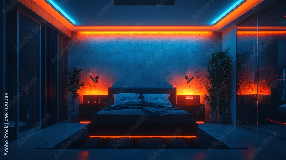 Poster A bedroom equipped with smart lighting and automated curtains that adjust brightness and privacy based on the time of day Large space for text in center Stock Photo with copy space