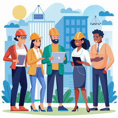 Construction Site With Excavators on Sunny Day: Diverse Team Of Male And Female Real Estate Developers Discussing Project. Engineer, Architect, Investor Talking About Apartment Building. Vector Art.