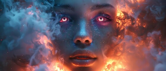 A surreal portrait of a person with glowing eyes surrounded by vibrant colors and smoke.