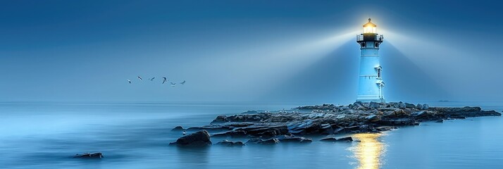 A serene lighthouse illuminating the rocky coast under a twilight sky near the ocean