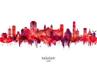 Obraz premium Nagasaki Japan Skyline Red