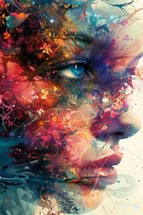 Fototapeta premium A vibrant, abstract portrayal of a face blending with colorful patterns and textures.