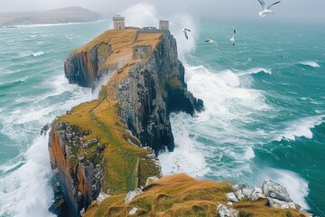 Stormy coastal cliffs with crashing waves and seagulls near a historical tower in a marine landscape