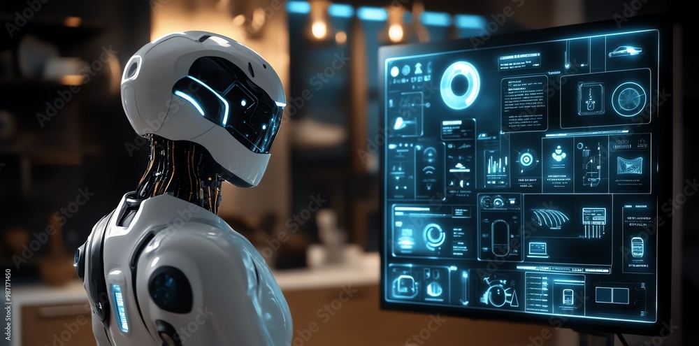Poster futuristic white robot with blue glowing eyes looking at a screen with data and charts.