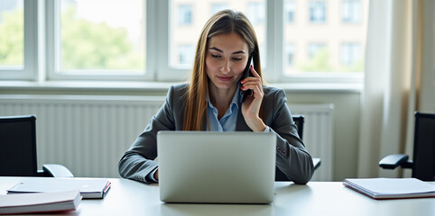 A  business woman is discussing a new strategy over the phone in a bright and productive office (with copy space).