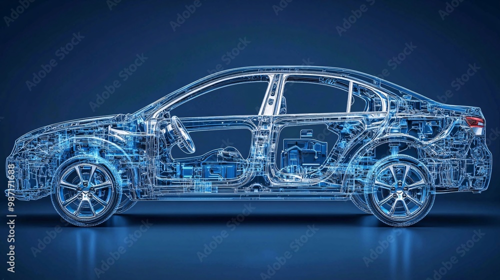 Poster a concept graphic of an eco-cars internal safety systems including airbags braking sensors and colli
