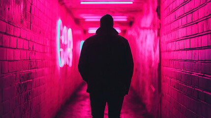 Lone Figure Silhouetted Against Neon Wall