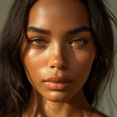 Close up portrait of a woman with glowing skin and intense gaze