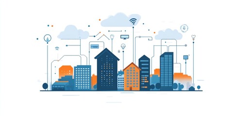 Obraz premium Illustration of a futuristic cityscape with connected smart buildings and cloud technology.