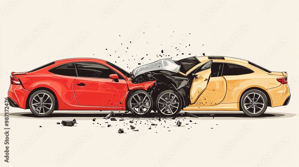 Poster vector illustration of two cars in an accident with one vehicle rear-ended by the other both shown i