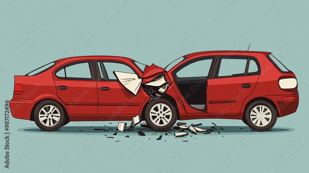 Poster vector illustration of two cars in an accident with one vehicle rear-ended by the other both shown i