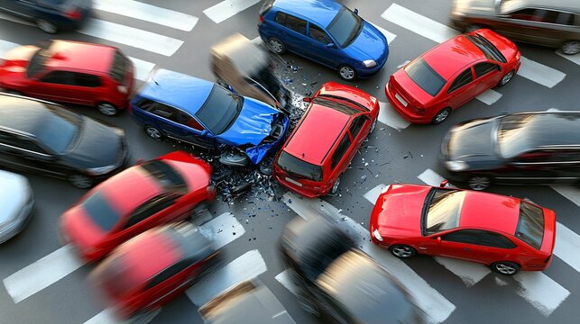 Minimalist digital art of a car accident scene from a top-down perspective with simplified eco-cars colliding at an intersection highlighting the importance of insurance Large space for text in