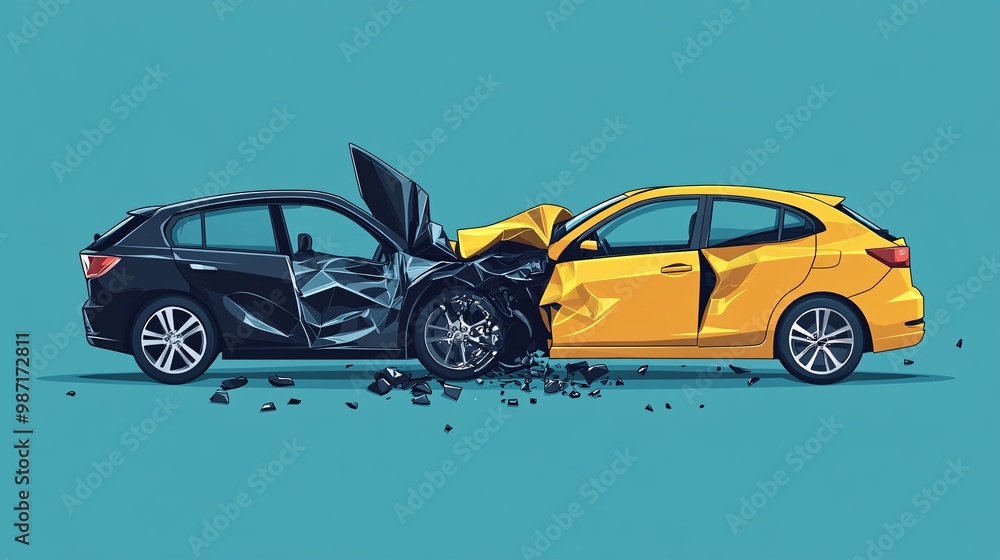 Aufkleber Clean vector design of two cars colliding in a side-impact accident shown in bright colors with simple shapes representing the crash scene Large space for text in center Stock Photo with copy space
