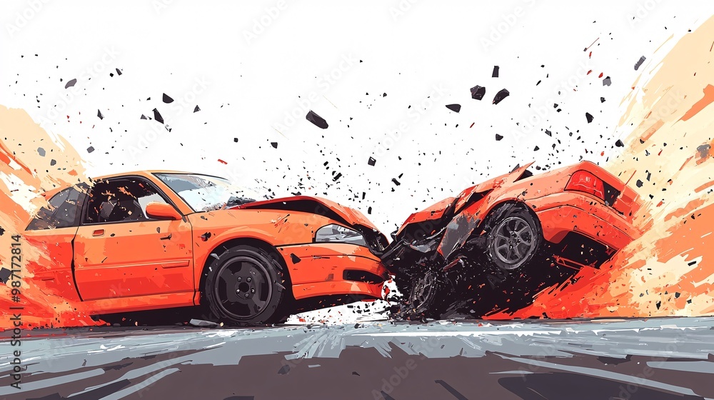 Aufkleber Clean vector design of two cars colliding in a side-impact accident shown in bright colors with simple shapes representing the crash scene Large space for text in center Stock Photo with copy space