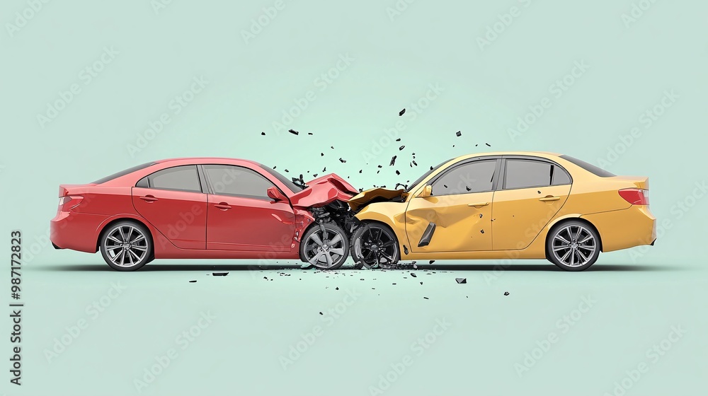 Poster Clean vector design of two cars colliding in a side-impact accident shown in bright colors with simple shapes representing the crash scene Large space for text in center Stock Photo with copy space