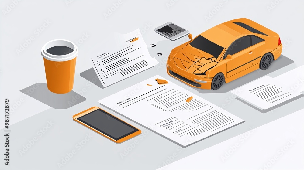 Aufkleber Flat lay scene with an insurance agent's workspace including accident reports coffee and a tablet displaying car damage in a simplified vector style Large space for text in center Stock Photo with