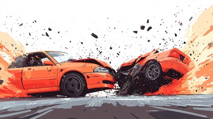 Clean vector design of two cars colliding in a side-impact accident shown in bright colors with simple shapes representing the crash scene Large space for text in center Stock Photo with copy space