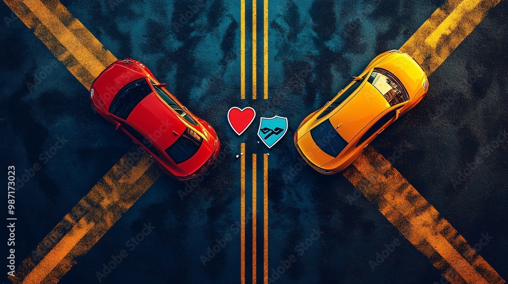 Poster Top-down view of a car accident scene with two cars crossing paths at a junction and insurance icons like shields and forms scattered around the design Large space for text in center Stock Photo with