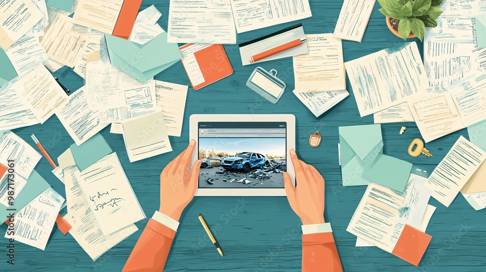 Poster A vector-style flat lay of a desk with an insurance agent reviewing accident photos on a tablet surrounded by paperwork pens and car keys Large space for text in center Stock Photo with copy space