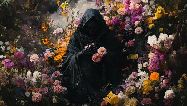 Dark figure surrounded by colorful flowers.