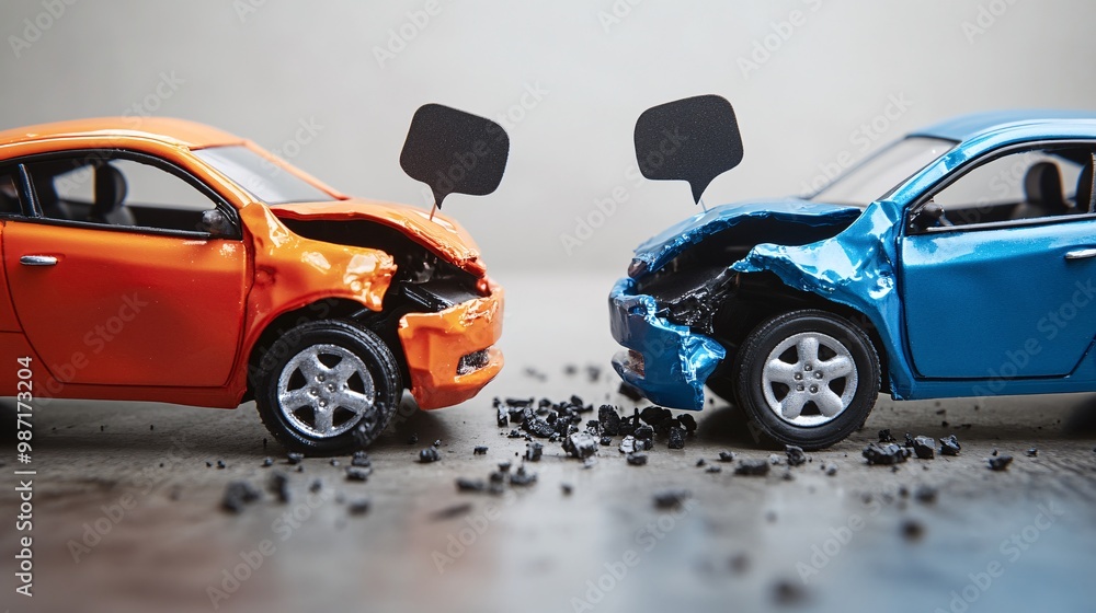 Aufkleber Vector image showing two eco-cars in a rear-end collision with speech bubbles above the drivers talking about insurance solutions in a minimal style Large space for text in center Stock Photo with