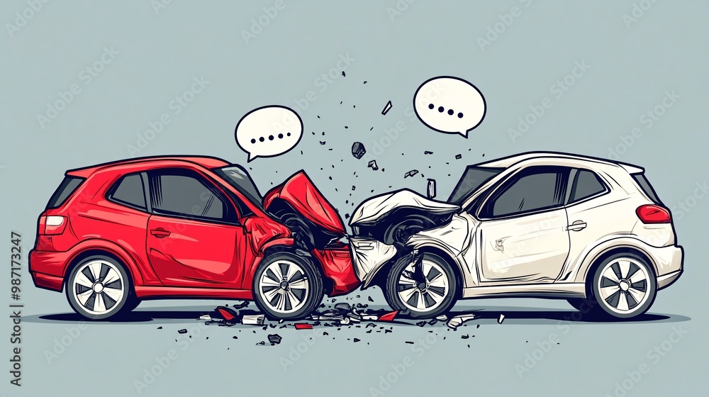 Aufkleber Vector image showing two eco-cars in a rear-end collision with speech bubbles above the drivers talking about insurance solutions in a minimal style Large space for text in center Stock Photo with