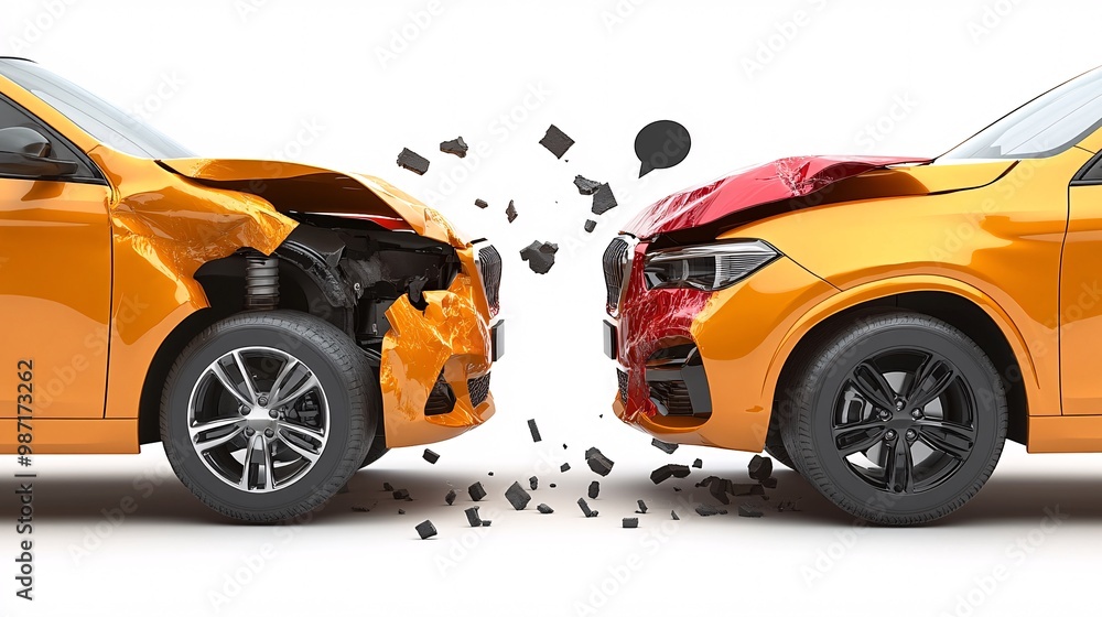 Aufkleber Vector image showing two eco-cars in a rear-end collision with speech bubbles above the drivers talking about insurance solutions in a minimal style Large space for text in center Stock Photo with