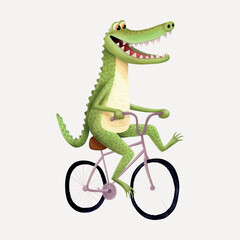 Naklejka premium Cartoon crocodile riding bicycle
